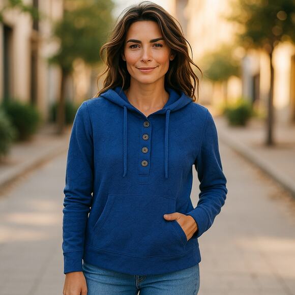Soft Surroundings Women’s Blue Hoodie Sweatshirt Boho Baggy Tunic Textured M - Picture 1 of 10